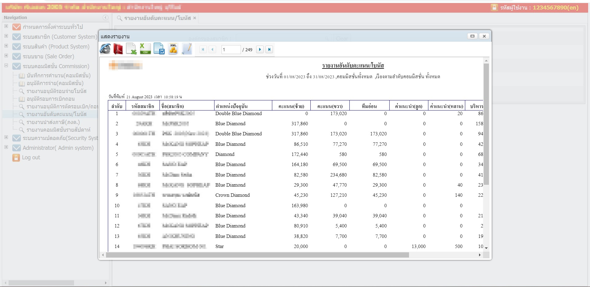 ตัวอย่างหน้ารายงานอันดับ โปรแกรม MLM
